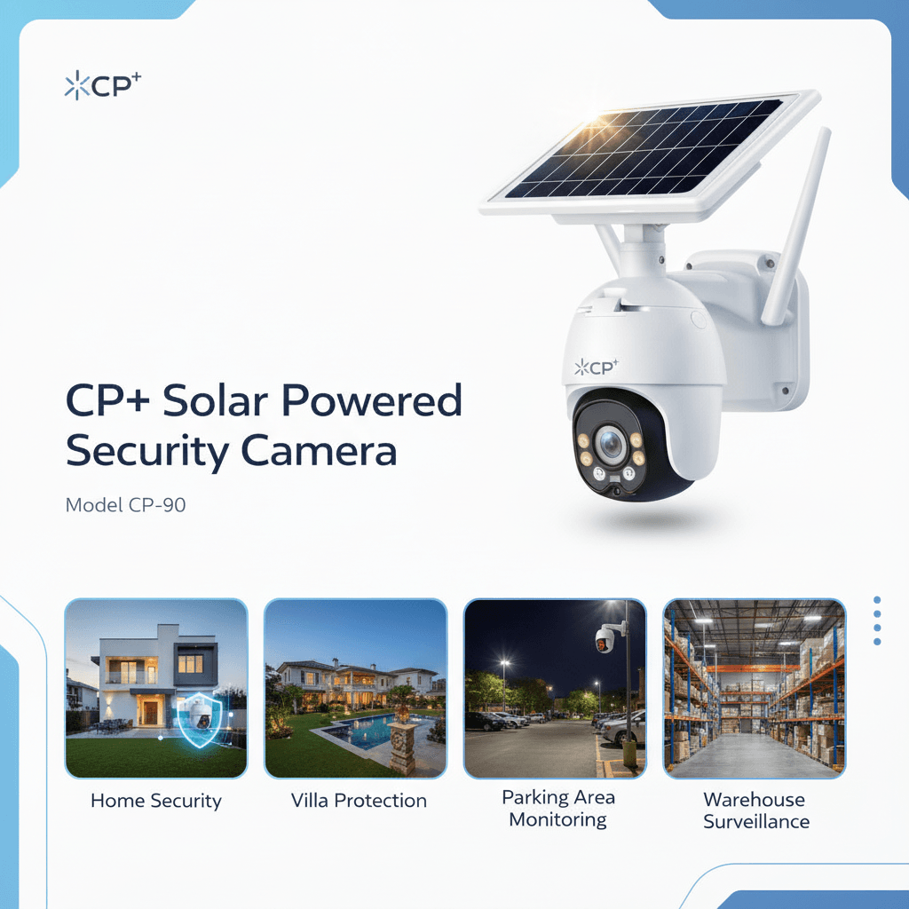 CP Plus CP-90 solar powered security camera for outdoor wireless surveillance monitoring.