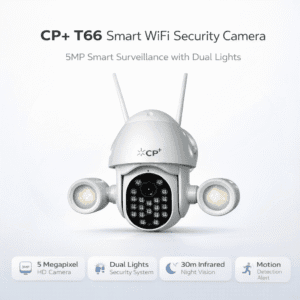 CP Plus PTZ wireless security camera with dual floodlights for smart outdoor surveillance.