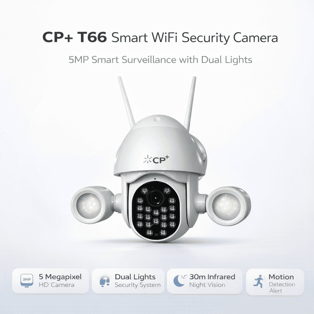CP Plus PTZ wireless security camera with dual floodlights for smart outdoor surveillance.
