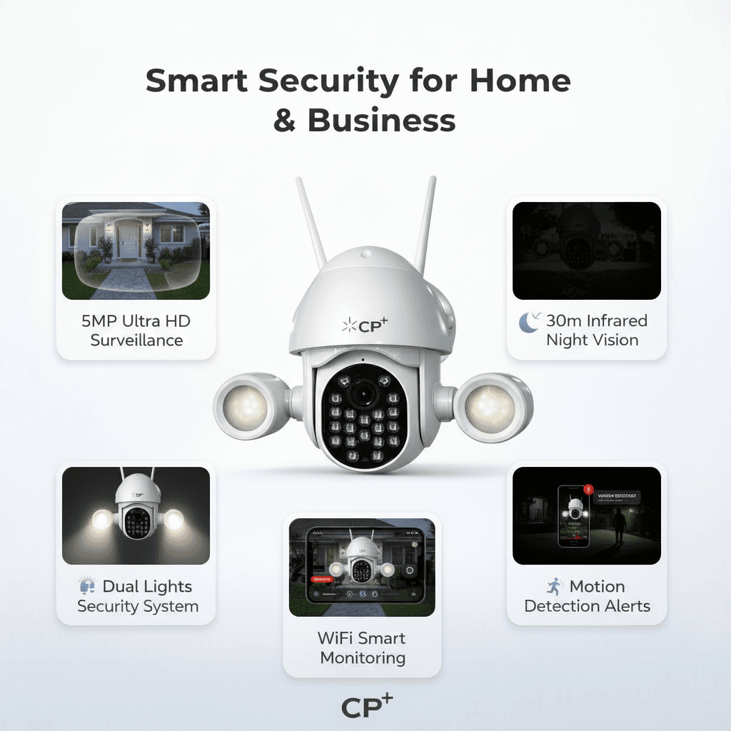 CP Plus PTZ wireless security camera with dual floodlights for smart outdoor surveillance.