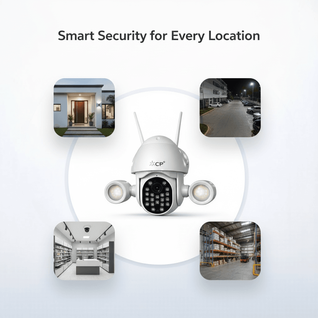 CP Plus PTZ wireless security camera with dual floodlights for smart outdoor surveillance.
