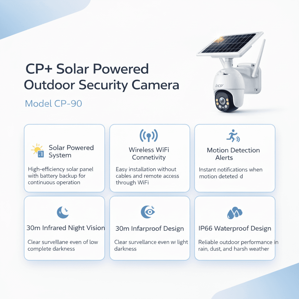 CP Plus CP-90 solar powered security camera for outdoor wireless surveillance monitoring.