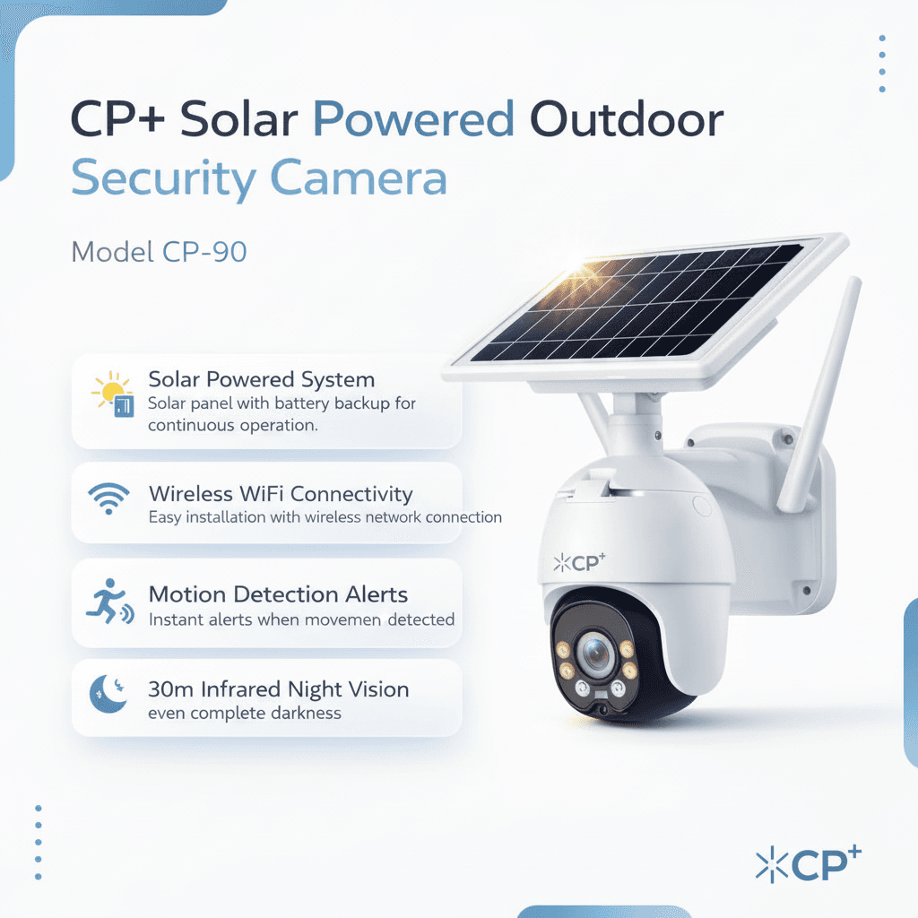 CP Plus CP-90 solar powered security camera for outdoor wireless surveillance monitoring.