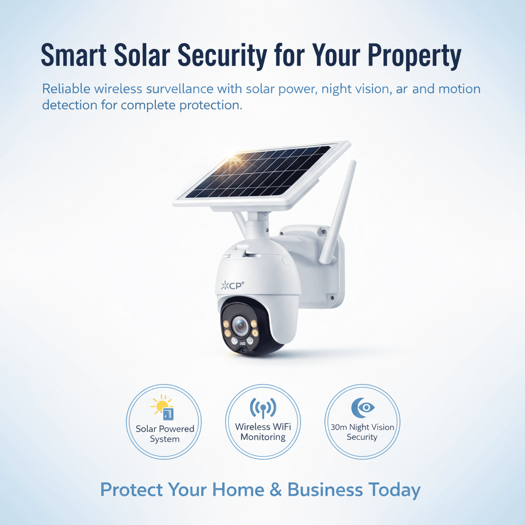 CP Plus CP-90 solar powered security camera for outdoor wireless surveillance monitoring.