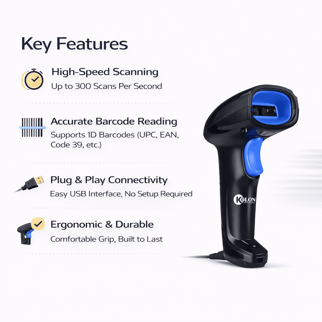 Kolon handheld barcode scanner for retail, warehouse inventory, and logistics barcode scanning.