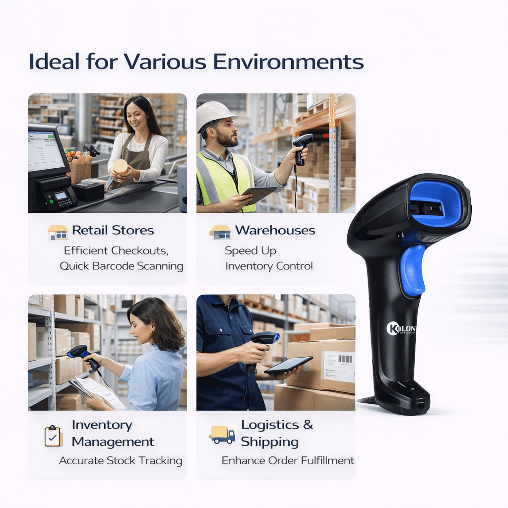 Kolon handheld barcode scanner for retail, warehouse inventory, and logistics barcode scanning.