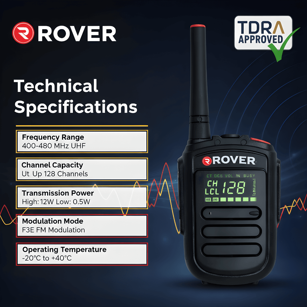Rover R-8 TDRA approved UHF two way radio with 128 channel communication and 400-480 MHz frequency