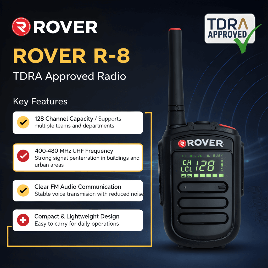 Rover R-8 TDRA approved UHF two way radio with 128 channel communication and 400-480 MHz frequency