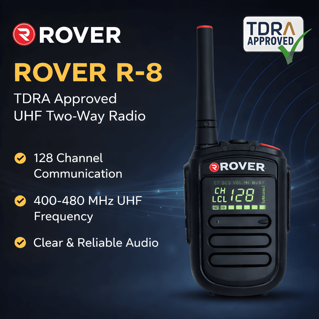 Rover R-8 TDRA approved UHF two way radio with 128 channel communication and 400-480 MHz frequency