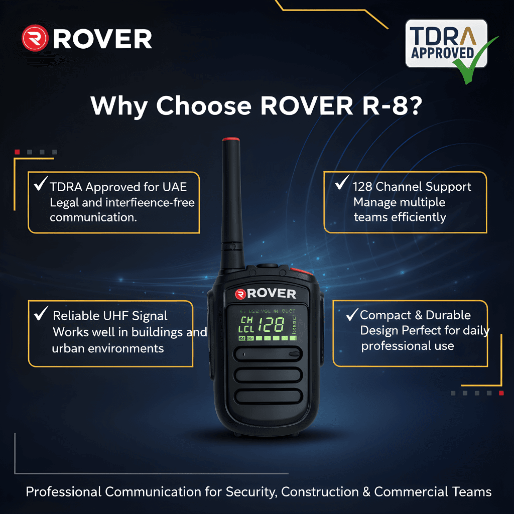 Rover R-8 TDRA approved UHF two way radio with 128 channel communication and 400-480 MHz frequency