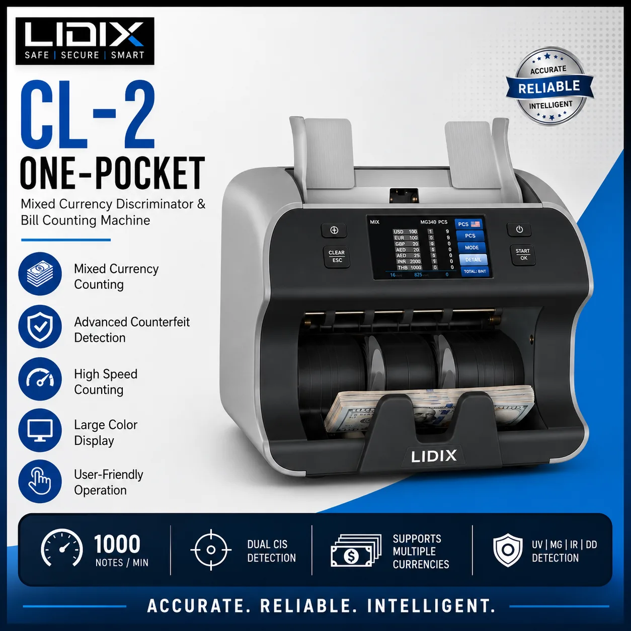 LIDIX CL-2 One-Pocket Mixed Currency Discriminator & Bill Counting Machine - Image 2