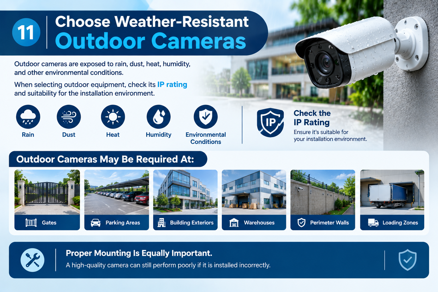 Weather-resistant outdoor CCTV camera with IP rating for gates, parking areas, warehouses, perimeter walls, and loading zones