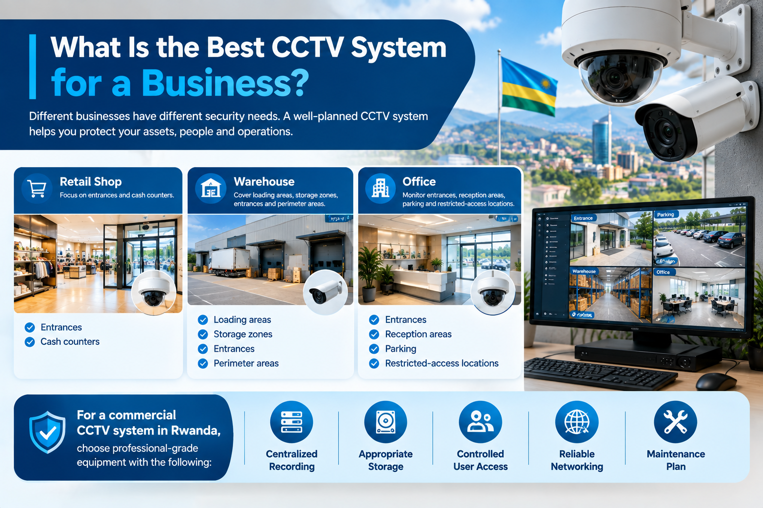 Professional CCTV system for businesses in Rwanda covering retail shops, warehouses, offices, entrances, parking areas, and restricted locations