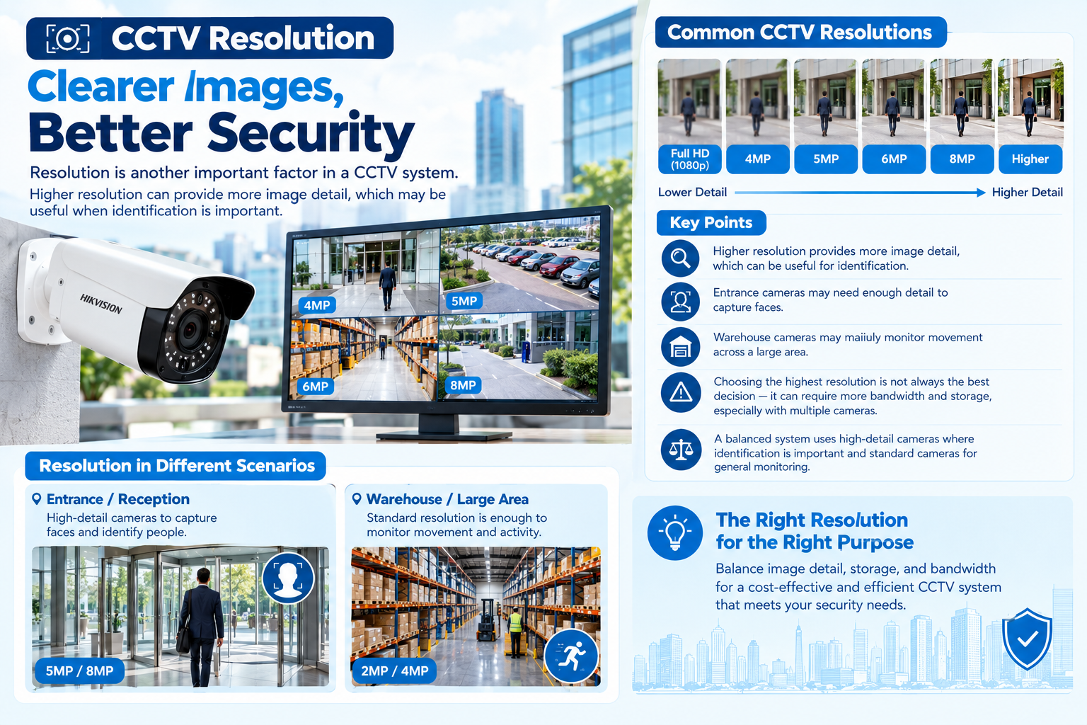 CCTV resolution infographic showing Full HD, 4MP, 5MP, 6MP, and 8MP cameras, with examples of entrance and warehouse monitoring and factors such as image detail, bandwidth, and storage.