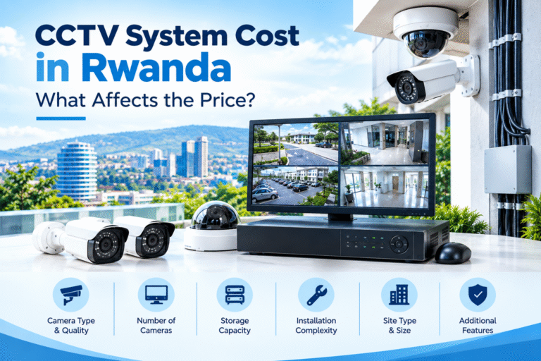Professional CCTV system in Rwanda showing security cameras, monitoring screen, recording equipment, and key factors affecting CCTV cost, including camera quality, number of cameras, storage, installation, site size, and additional features.
