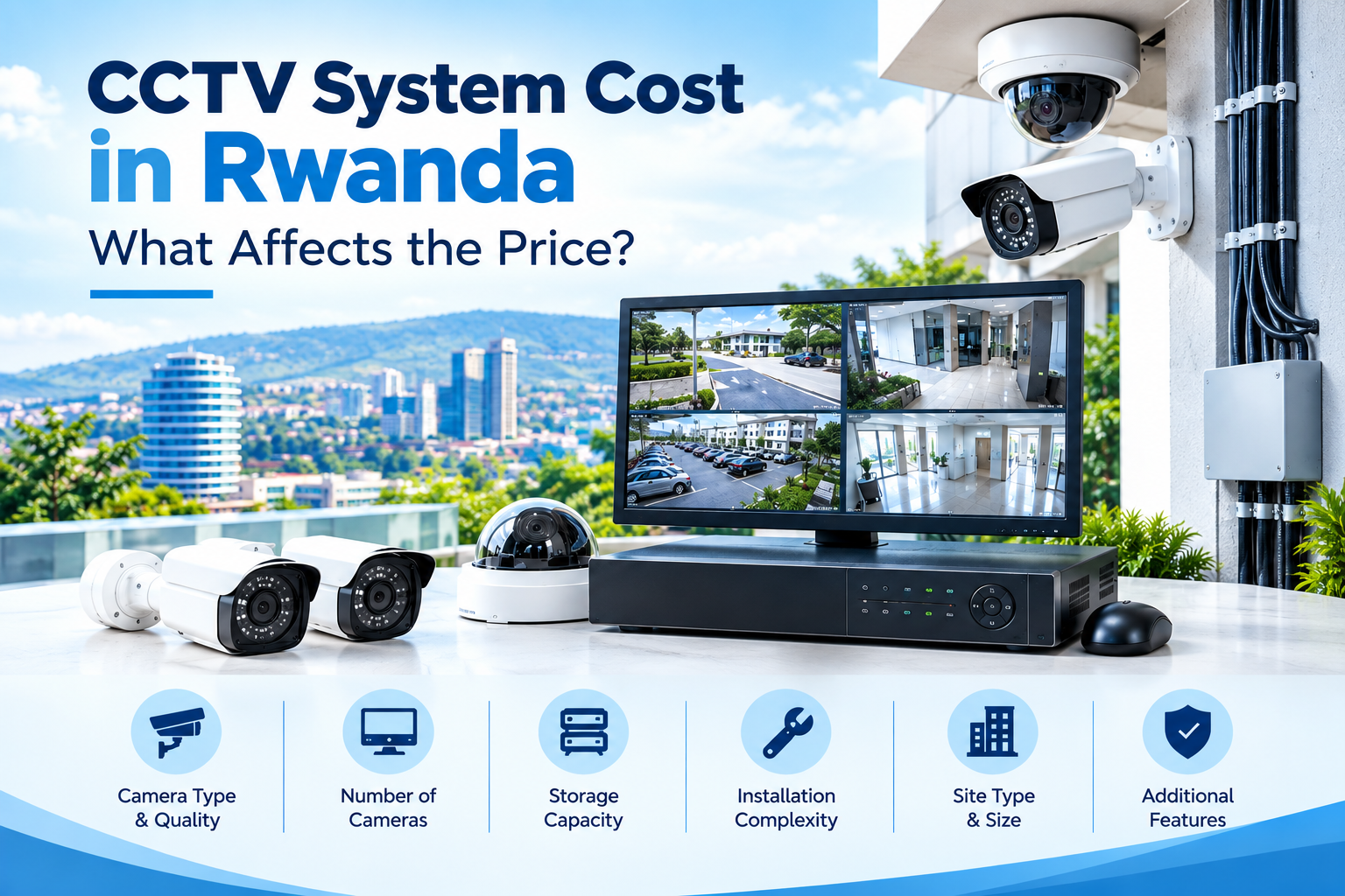 Professional CCTV system in Rwanda showing security cameras, monitoring screen, recording equipment, and key factors affecting CCTV cost, including camera quality, number of cameras, storage, installation, site size, and additional features.