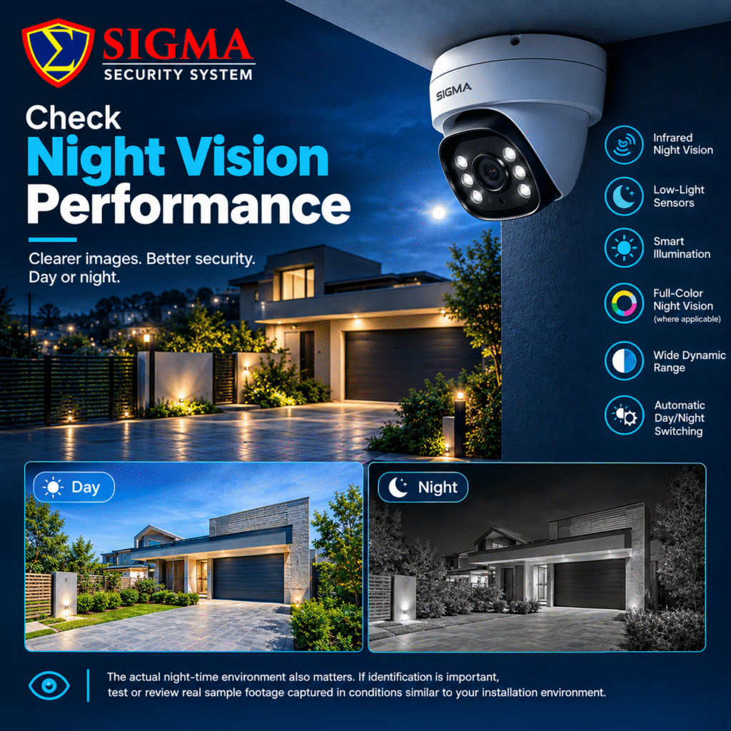 SIGMA Security System CCTV camera showing night vision performance with infrared, low-light sensors, smart illumination, and day-night comparison