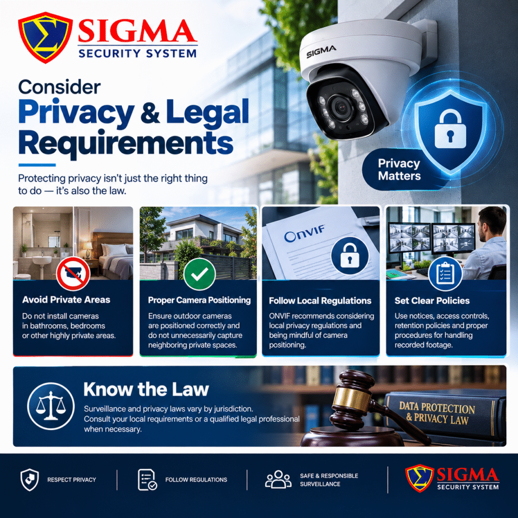 SIGMA Security System infographic explaining CCTV privacy and legal requirements, including proper camera positioning, avoiding private areas, local regulations, and footage access policies.