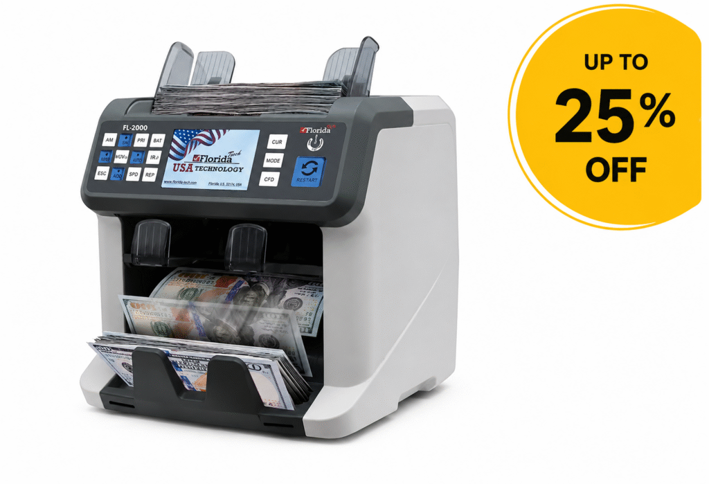 Professional cash counting machine with 25% off sale badge