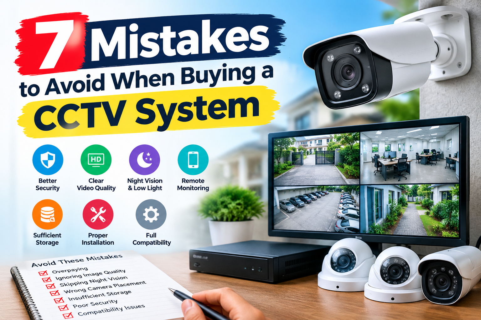 Seven mistakes to avoid when buying a CCTV system, including camera quality, night vision, storage, installation, and security features.
