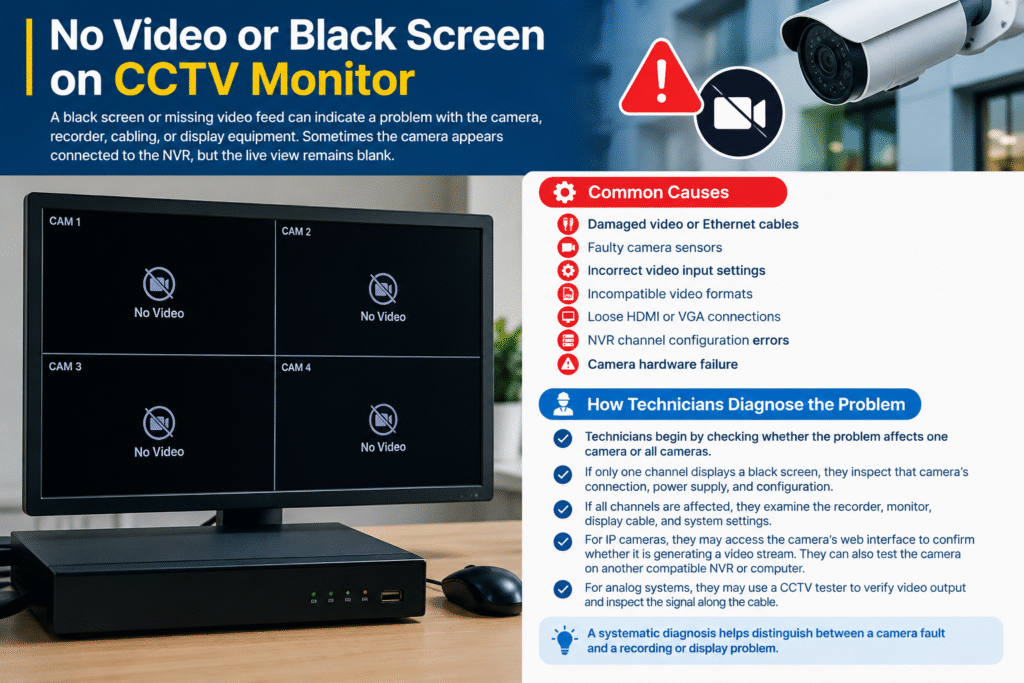 No video or black screen on CCTV monitor troubleshooting