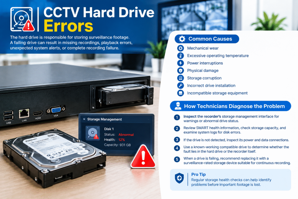 CCTV hard drive errors infographic showing common causes of surveillance storage failure, hard drive health warnings, and technician troubleshooting steps.