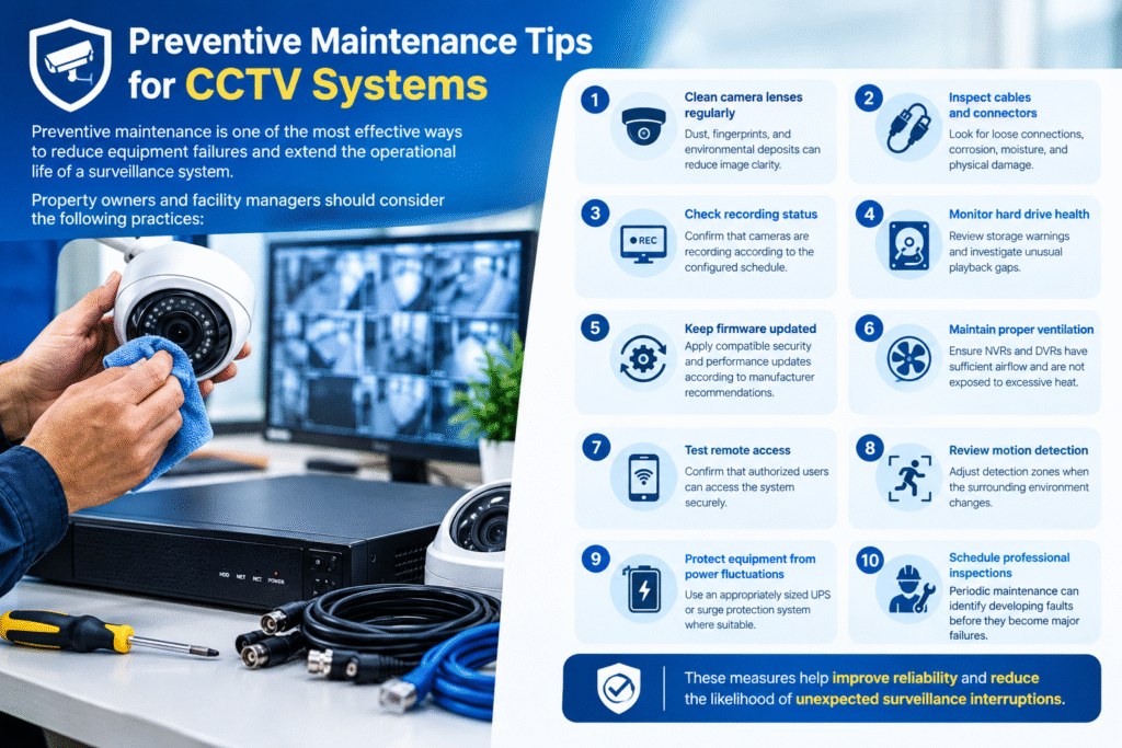 CCTV preventive maintenance infographic showing a technician cleaning a security camera and ten maintenance tips, including lens cleaning, cable inspection, hard drive health monitoring, firmware updates, ventilation, remote access testing, motion detection, power protection, and professional inspections.
