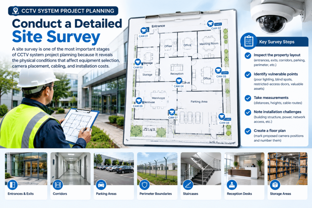 CCTV site survey showing a technician inspecting a building layout and identifying camera positions, blind spots, entrances, parking areas, and installation requirements.