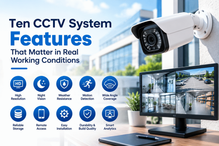Ten CCTV system features that matter in real working conditions, including HD resolution, night vision, motion detection, remote access, and smart analytics.