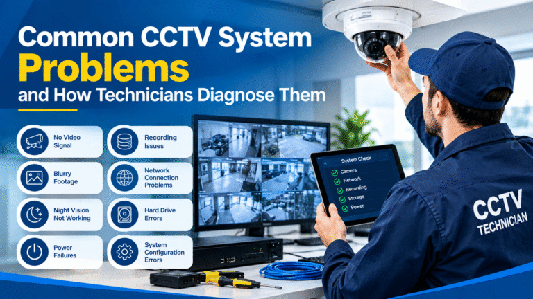 CCTV troubleshooting featured image showing a technician inspecting a security camera and checking surveillance monitors, with common issues including no video signal, recording failures, blurry footage, network connectivity problems, night vision failure, hard drive errors, power failures, and system configuration errors.