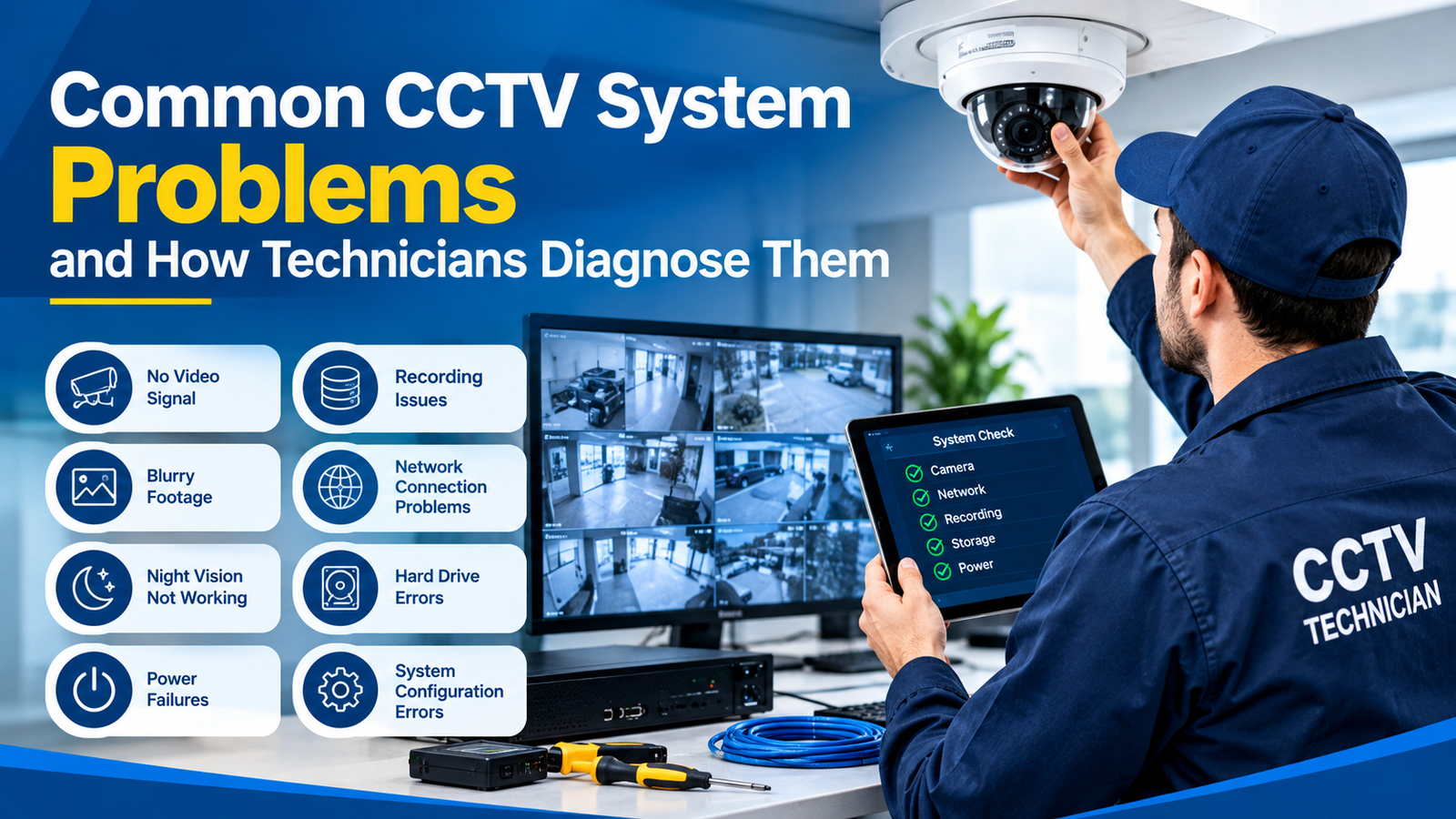 CCTV troubleshooting featured image showing a technician inspecting a security camera and checking surveillance monitors, with common issues including no video signal, recording failures, blurry footage, network connectivity problems, night vision failure, hard drive errors, power failures, and system configuration errors.