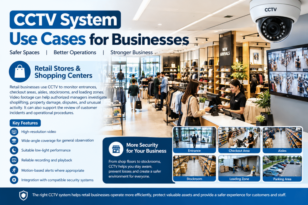 CCTV system use cases for businesses, showing security cameras monitoring retail stores, checkout counters, aisles, stockrooms, and loading zones.
