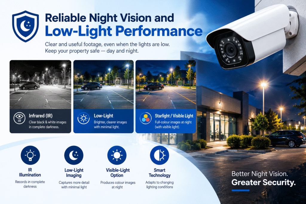 Reliable CCTV night vision and low-light performance with infrared illumination, clear nighttime surveillance, and colour night vision technology.