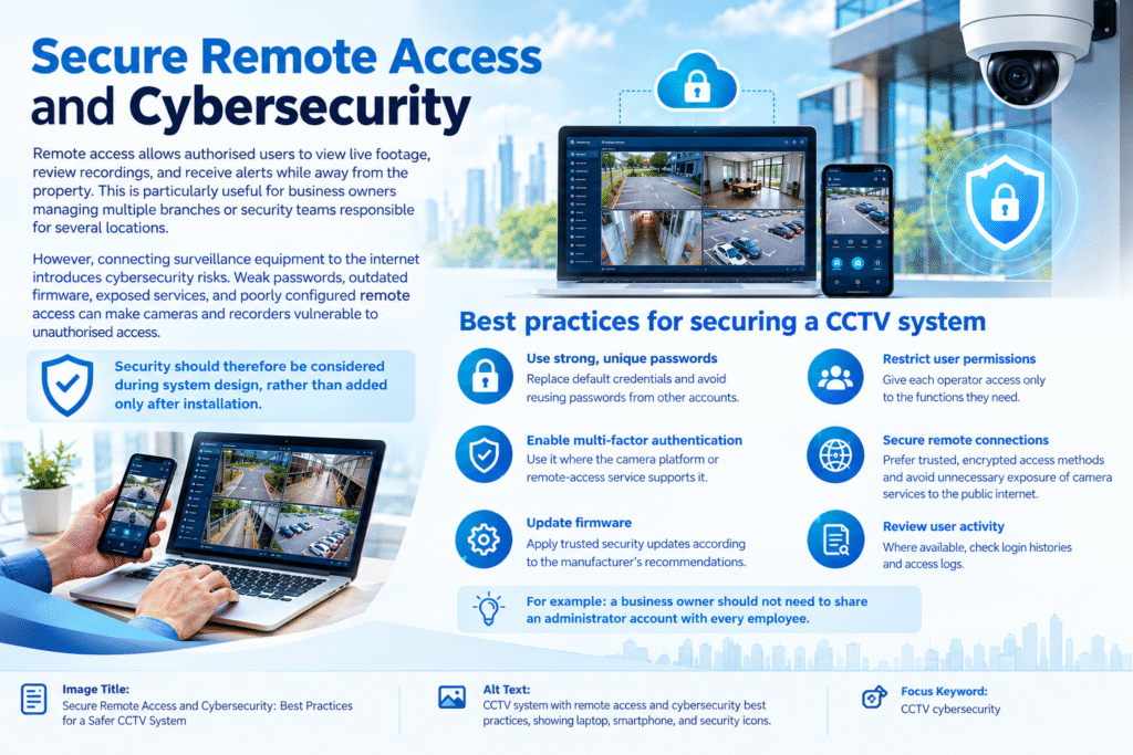 CCTV system with secure remote access, laptop and smartphone monitoring, and cybersecurity best practices including strong passwords, multi-factor authentication, firmware updates, and restricted user permissions.