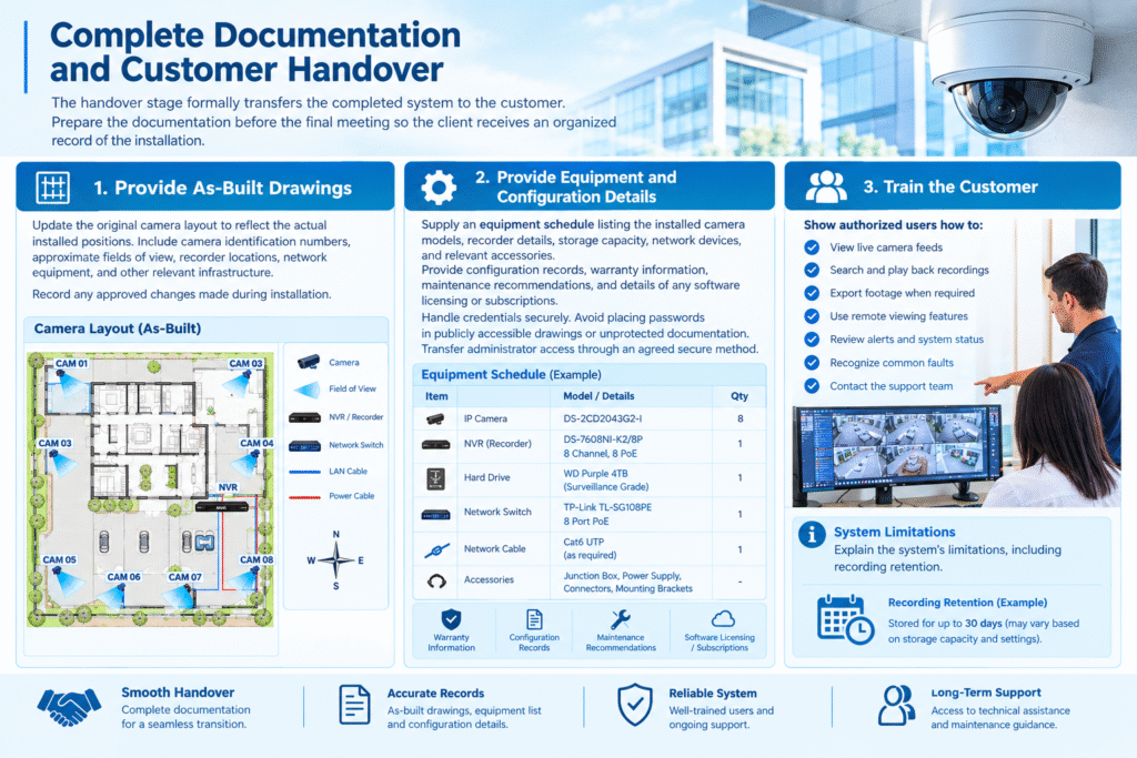 CCTV system documentation and customer handover showing as-built camera layouts, equipment configuration records, and customer training.