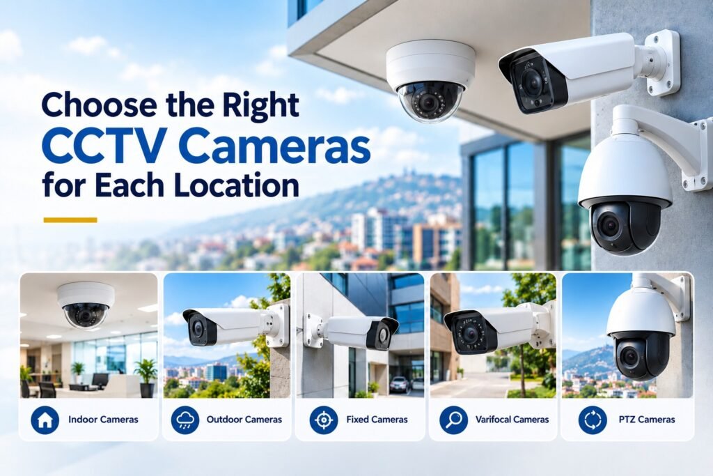 Choose the Right CCTV Cameras for Each Location

Selecting cameras based only on resolution or price can result in poor coverage. The right camera depends on its intended purpose, installation location, lighting conditions, and required level of detail.

Indoor cameras

Indoor cameras are suitable for offices, shops, reception areas, corridors, and stockrooms. Depending on the location, a compact dome camera or another discreet design may be appropriate.

Before selecting an indoor camera, consider its field of view, image quality, mounting position, and ability to perform under the available lighting.

Outdoor cameras

Outdoor cameras should be designed to withstand the environmental conditions at the installation site. Look for suitable dust and water protection, temperature specifications, mounting accessories, and protection against direct sunlight where necessary.

Kigali businesses should assess actual site conditions, including rain exposure, humidity, dust, and temperature variation. A sheltered entrance may have different requirements from an exposed gate or rooftop installation.

Fixed, varifocal, and PTZ cameras

Fixed cameras monitor a defined field of view and are useful when a specific area needs continuous coverage.

Varifocal cameras allow the installer to adjust the viewing angle and framing. They can be helpful when the camera must focus on a particular entrance, counter, or access route.

Pan-tilt-zoom (PTZ) cameras can move and zoom remotely. They may be suitable for larger sites, but they should not automatically replace fixed cameras. A PTZ camera pointed elsewhere cannot continuously capture detail in its previous direction.

For many businesses, a combination of fixed cameras and selected specialist cameras provides more dependable coverage than relying on one camera type.