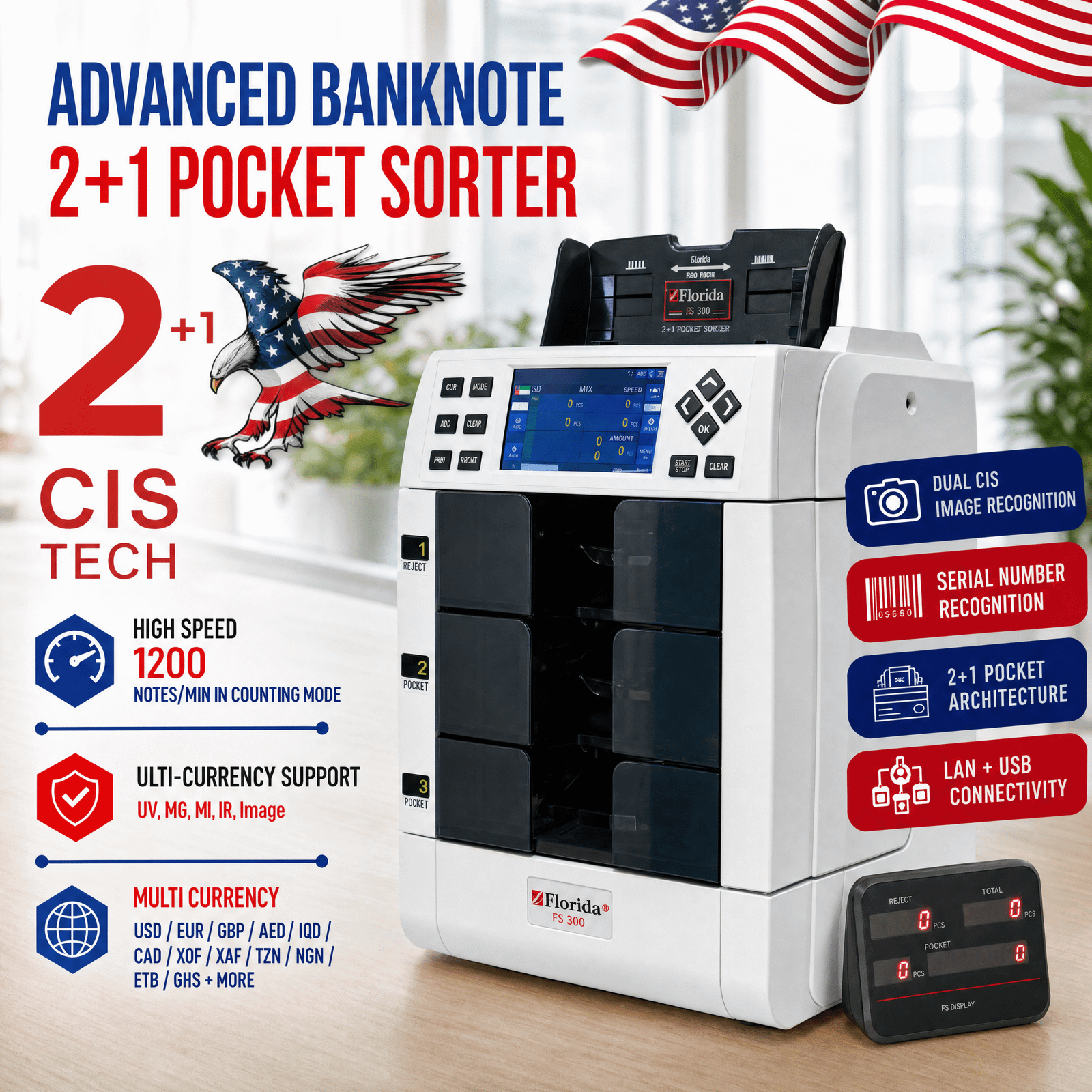 Florida Tech FL-3000 Advanced 2+1 Pocket Banknote Sorter & Currency Counting Machine in Rwanda - Image 2